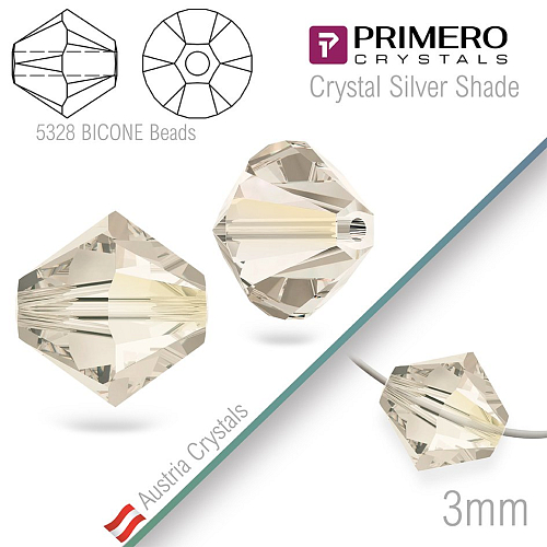 Korálky PRIMERO Crystals . Tvar 5328 Bicone BEADS. Barva Crystal Silver Shade  Velikost 3mm balení-25Ks.