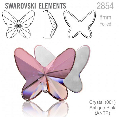 SWAROVSKI 2854 Butterfly Flat Back Foiled velikost 8mm. Barva Crystal Antique Pink 