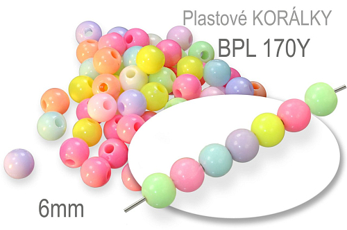 Korálky plastové PBL 170Y v různých barvách o průměru 6mm. Balení 25g (cca.240Ks).