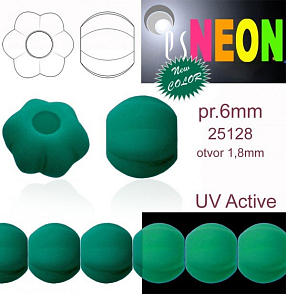 Korálky NEON (UV Active) MELOUN velikost pr.6mm barva 25128 ZELENÁ SMARAGDOVÁ. Balení 21Ks. 