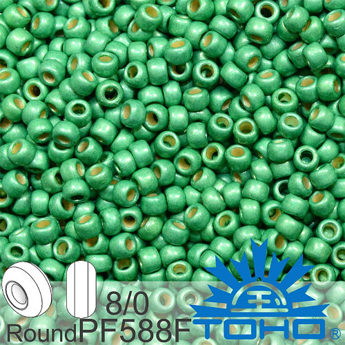 Korálky TOHO tvar ROUND (kulaté). Velikost 8/0. Barva PF588F Permafinish - Matte Galvanized Spring Green. Balení 10g.