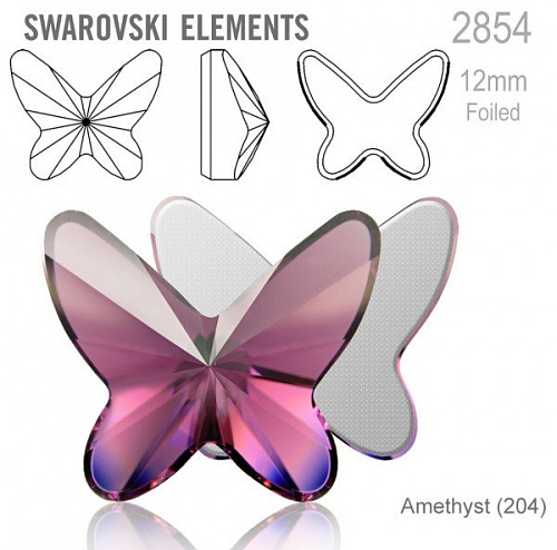 SWAROVSKI 2854 Butterfly Flat Back Foiled velikost 12mm. Barva Amethyst 