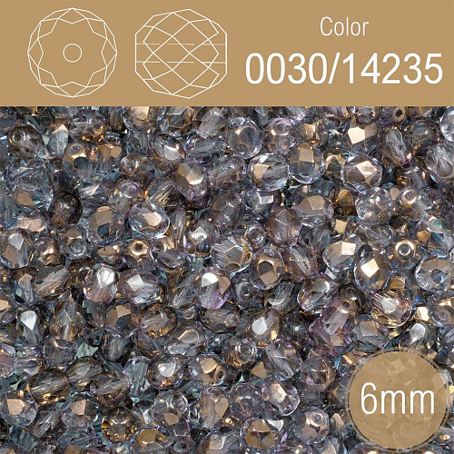 Korálky BROUŠENÉ 6mm. Barva 0030/14235. Průhledná šedá s pokovem. Balení 50Ks.