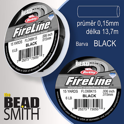 FIRELINE Berkley profesionální splétaná šnůra z polyethylenových vláken. Průměr 0,15mm, zátěž (6lb) 2,7Kg, balení (15yards) 13,7m, barva BLACK