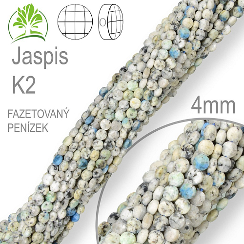 Korálky z minerálů Jaspis K2 přírodní polodrahokam. Velikost pr.4mm tl. 2,5mm tvar penízek z čelních stran fazetovaný. Balení 108Ks