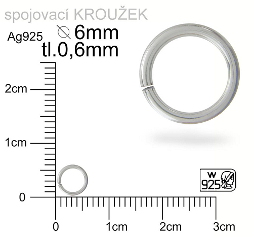 Spojovací kroužek velikost pr.6mm tl.0,6mm. Materiál STŘÍBRO Ag925.