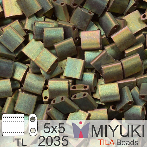 Korálky MIYUKI tvar TILA BEADS velikost 5x5mm. Barva TL-2035 Matte Metallic Khaki Iris. Balení 3g.