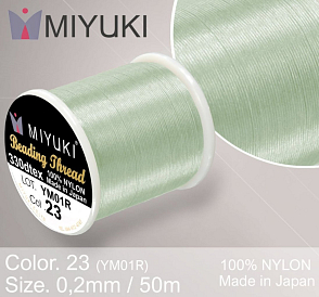 Nylonová nit značky MIYUKI. Barva č. 23 Mint. Materiál 330DTEX (0,2mm). Balení 50m. 