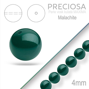 Preciosa Perle voskovaná kulatá MAXIMA barva Malachite velikost 4mm. Balení návlek 30Ks.