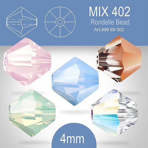 PRECIOSA Bicone (sluníčko) velikost 4mm. Barva MIX 402 Crystal AB, Crystal Capri Gold, Rose Opal, Chrysolite Opal, Light Sap. Opal. Balení 30ks (5X6ks)