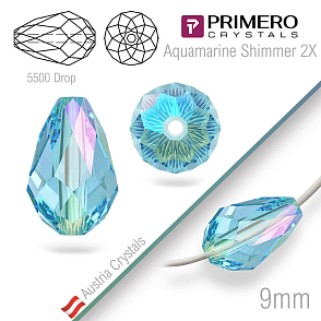 Korálky PRIMERO Crystals . Tvar 5500 Drop. Barva Aquamarine Shimmer 2X. Velikost 9mm