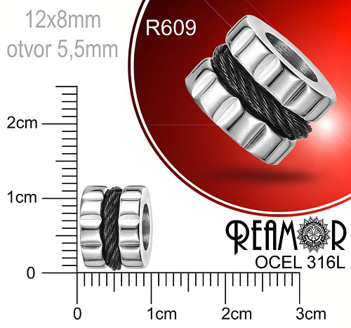 Korálek tvarovaný Reamor CHIRURGICKÁ OCEL ozn.-R609. Velikost 12x8mm otvor 5,5mm.