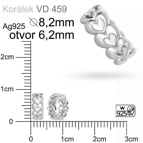 Korálek s velkým otvorem  ozn. VD459.Velikost pr. 8,2mm otvor 6,2mm. Materiál STŘÍBRO Ag925.váha 0,54g.