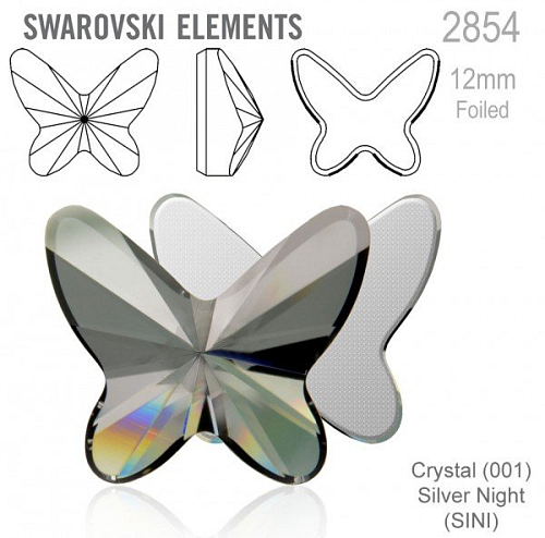 SWAROVSKI 2854 Butterfly Flat Back Foiled velikost 12mm. Barva Crystal (001) Silver Night (SINI).