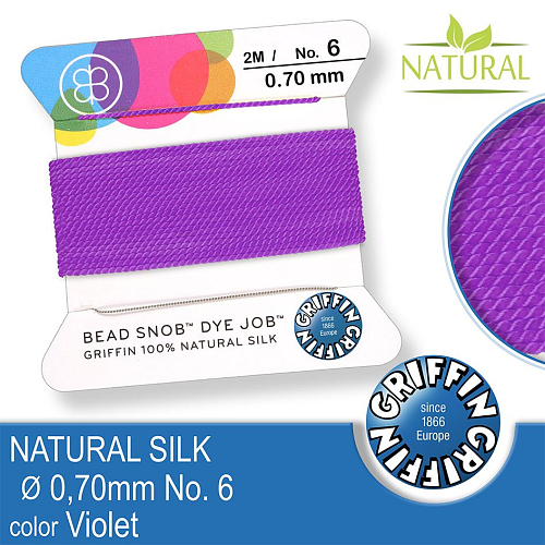 Hedvábná nit s jehlou GRIFFIN síla nitě 0,7mm No.6 délka 2m. Barva Violet.