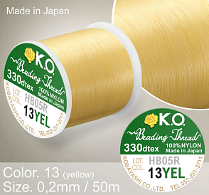 Nylonová nit značky K.O. Barva č. 13 yellow. Materiál 330DTEX (0,2mm). Balení 50m. 