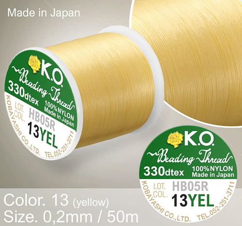 Nylonová nit značky K.O. Barva č. 13 yellow. Materiál 330DTEX (0,2mm). Balení 50m.