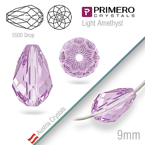 Korálky PRIMERO Crystals . Tvar 5500 Drop. Barva Light Amethyst. Velikost 9mm