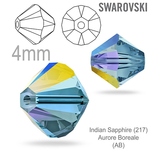 Swarovski 5328 XILION Bead barva Indian Sapphire (217) Aurore Boreale (AB) velikost 4mm. Balení 20Ks