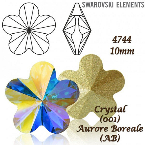 SWAROVSKI ELEMENTS Flower Fancy 4744 barva CRYSTAL (001) AURORE BOREALE (AB) velikost 10mm