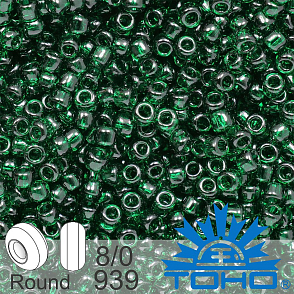 Korálky TOHO tvar ROUND (kulaté). Velikost 8/0. Barva č. 939-Transparent Green Emerald . Balení 10g.