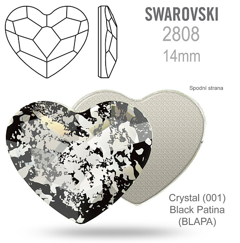 SWAROVSKI 2808 Heart Flat Back Foiled velikost 14mm. Barva Crystal Black Patina 