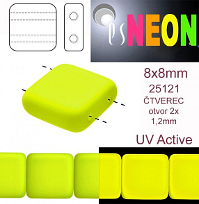 Korálky čtverec 2 otvory NEON (UV Active) velikost 8x8mm barva 25121 žlutá. Balení 15Ks. 