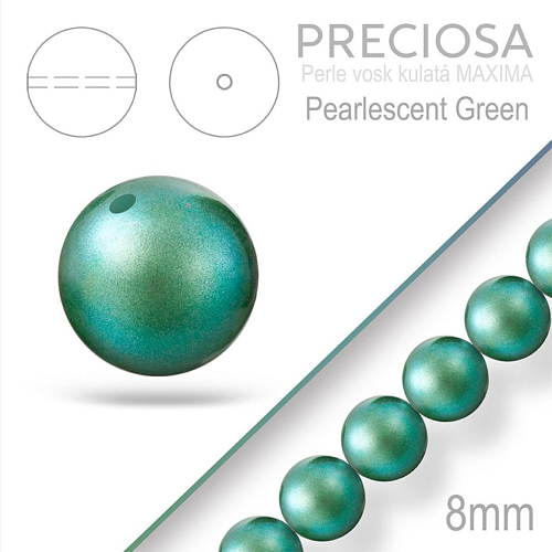 Preciosa Perle voskovaná kulatá MAXIMA Pearlescent Green velikost 8mm. Balení návlek 15Ks.