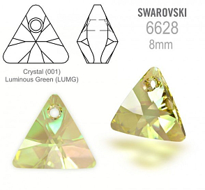 Swarovski 6628 XILION Triangle Pendant 8mm. Barva Crystal (001) Luminous Green (LUMG).