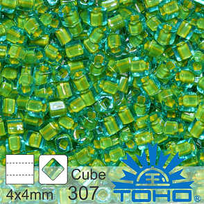 Korálky TOHO Cubes 6/0. Barva 307 Inside-Color Aqua/Opaque Yellow-Lined. Balení 10g. 