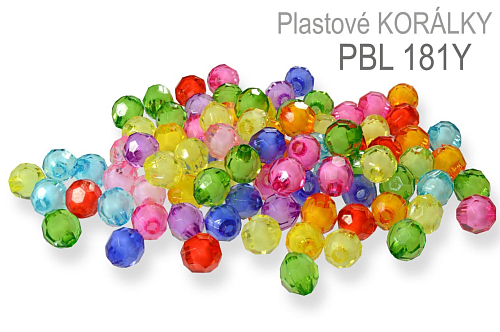 Korálky plastové PBL 181Y s fazetkami v různých barvách o průměru 7mm