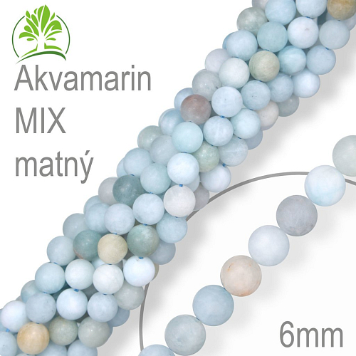 Korálky z minerálů Akvamarin MIX matný. Velikost pr.6mm. Balení 12Ks.
