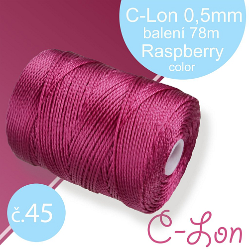 Nylonová nit C-Lon pevná korálková nit. Barva 45 Raspberry. Síla nitě 0,5mm. Balení 78m na cívce.