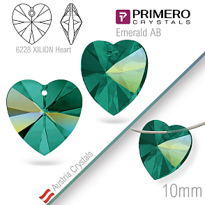 Korálky PRIMERO Crystals. Tvar 6228 XILION Heart. Barva Emerald AB. Velikost 10mm