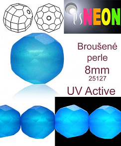 Korálky NEON (UV Active) BROUŠENÉ velikost pr.8mm barva 25127  MODRÁ SVĚTLÁ mírně průhledná. Balení 15Ks. 