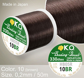 Nylonová nit značky K.O. Barva č. 10 brown. Materiál 330DTEX (0,2mm). Balení 50m. 