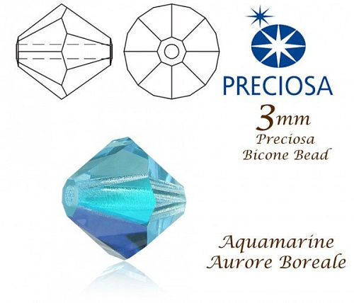 PRECIOSA Bicone (sluníčko) velikost 3mm. Barva AQUAMARINE Aurore Boreale. Balení 42ks 