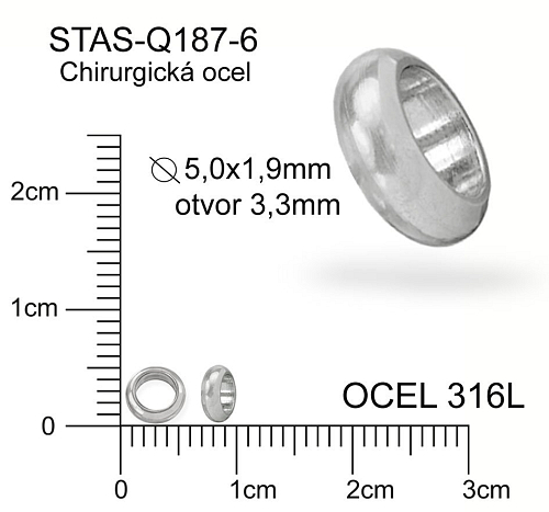 Korálek ROZDĚLOVAČ pr.5,0x1,9mm. Otvor 3,3mm.Materiál  chirurgická ocel. Ozn Q187 6