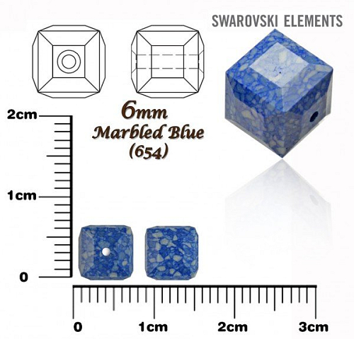 SWAROVSKI CUBE Beads 5601/B KERAMICKÉ korálky barva MARBLED BLUE velikost 6mm.
