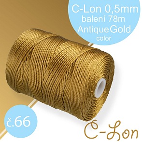 Nylonová nit C-Lon pevná korálková nit. Barva 66 Antique Gold. Síla nitě 0,5mm. Balení 78m na cívce.