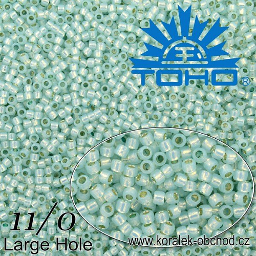 Korálky TOHO Takumi Large-Hole ROUND (kulaté). Velikost 11/0. Barva č. PF2116 PermaFinish - Silver-Lined Milky Lt Aqua. Balení 8g.