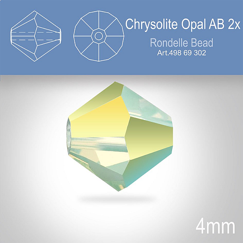 PRECIOSA Bicone MC BEAD (sluníčko) velikost 4mm. Barva CHRYSOLITE OPAL AB 2x. Balení 30ks .