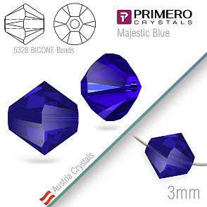 Korálky PRIMERO Crystals . Tvar 5328 Bicone BEADS. Barva Majestic Blue. Velikost 3mm balení-25Ks.