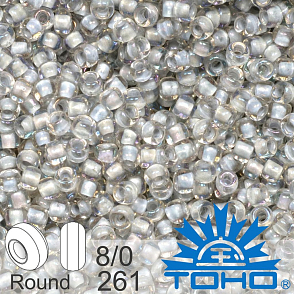 Korálky TOHO tvar ROUND (kulaté). Velikost 8/0. Barva 261 Inside-Color Rainbow Crystal/Gray-Lined. Balení 10g.