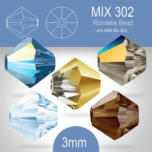 PRECIOSA Bicone (sluníčko) velikost 3mm. Barva MIX 302 Crystal Aurum Half, Crystal Lagoon, Balck Diamond AB, Smoked Topaz, Montana AB. Balení 40ks (5X8ks)