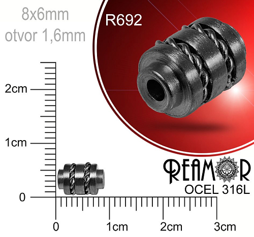 Korálek tvarovaný Váleček s řetízkem Reamor CHIRURGICKÁ OCEL ozn.-R692. Velikost 8x5,5mm otvor 1,6mm. Barva BLACK (černá).