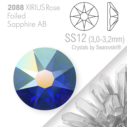 SWAROVSKI  XIRIUS Rose 2088 Foiled. Barva Sapphire AB velikost SS12 (3,0-3,2mm). Balení 30Ks.