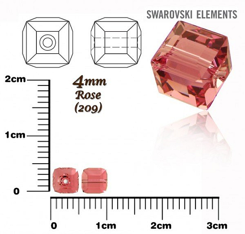 SWAROVSKI CUBE Beads 5601 barva ROSE (209) velikost 4mm.