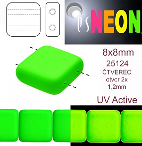 Korálky čtverec 2 otvory NEON (UV Active) velikost 8x8mm barva 25124 zelená. Balení 15Ks. 