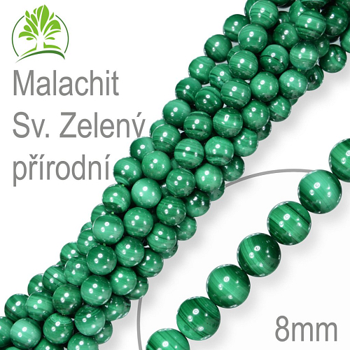 Korálky z minerálů Malachit sv. Zelený přírodní polodrahokam. Velikost pr.8mm. Balení 10Ks.